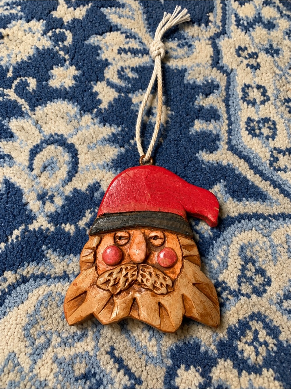 Hand-Carved Santa Ornament with Red Hat